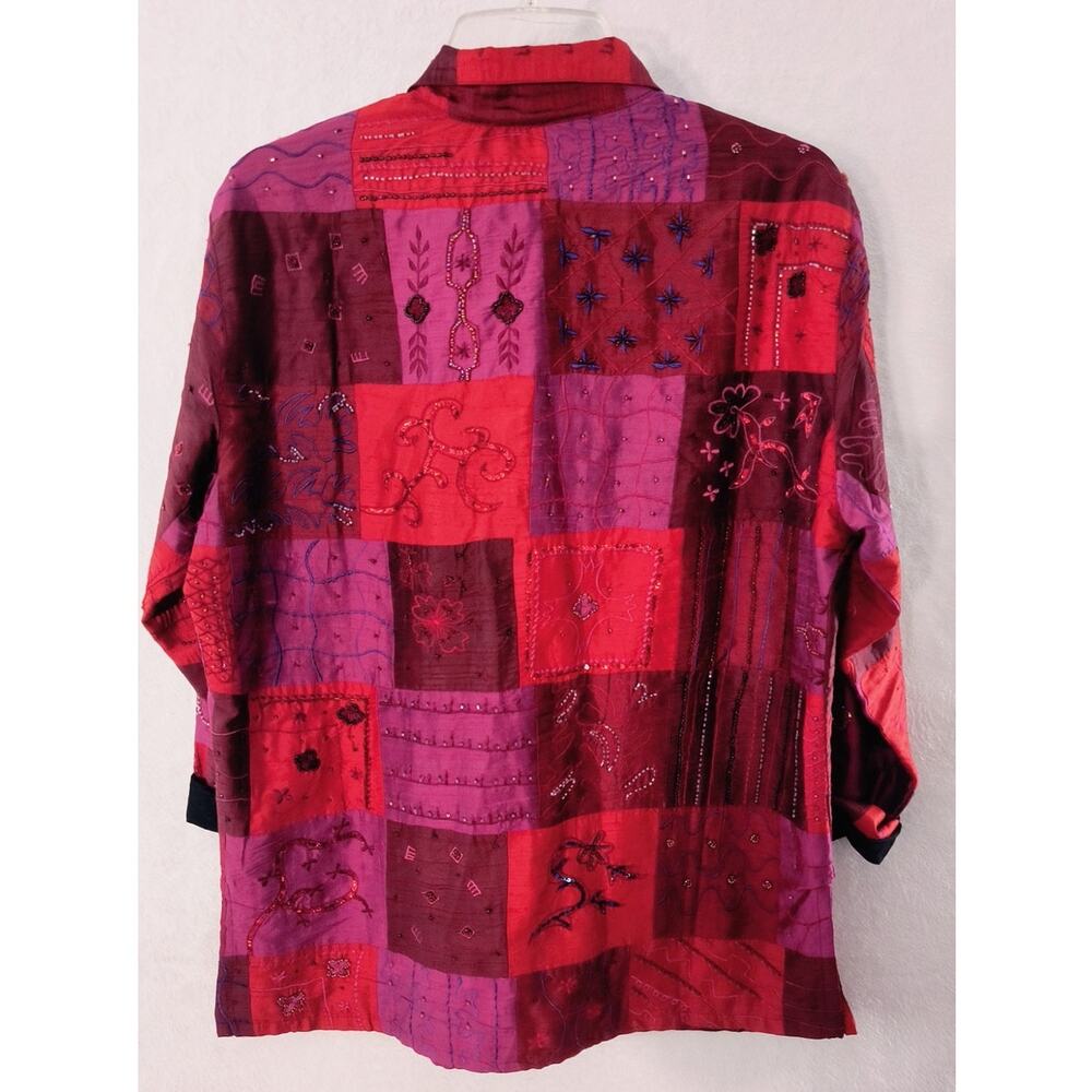 Chicos Design 100% Silk Beaded Patchwork Shirt Jacket Boho Art to Wear Shacket - Picture 8 of 16